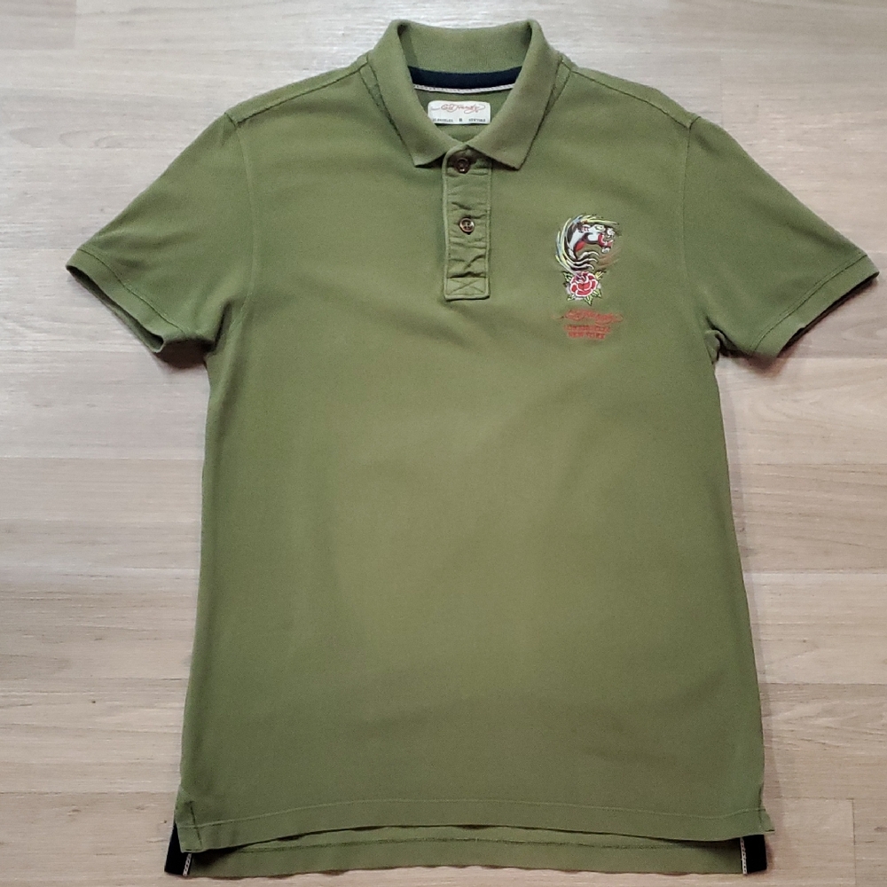 Ed Hardy Olive Polo Shirt with Embroidery